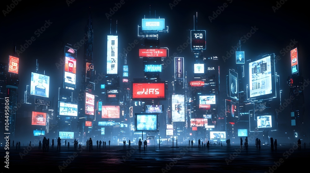 Aufkleber neon lit futuristic cyber metaverse cityscape with glowing skyscrapers and signboards in abstract ga