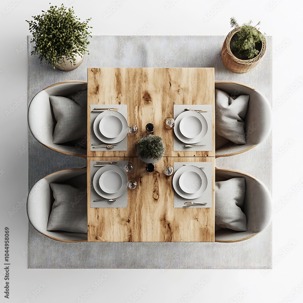 Aufkleber top view 3d render of cozy small dining area with a compact table and minimalist chairs detailed flo