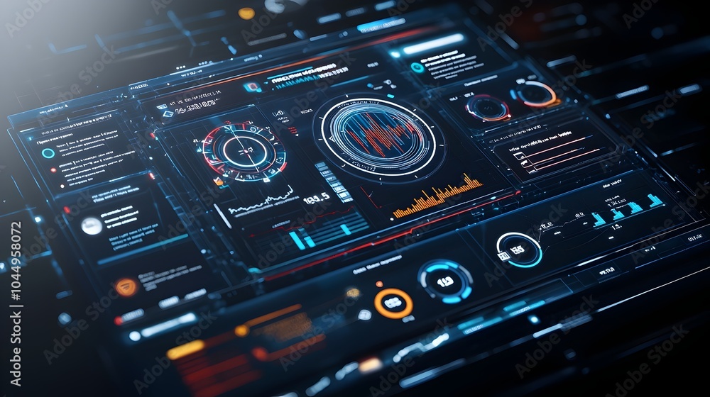 Poster futuristic 3d virtual business intelligence dashboard featuring an abstract technology interface wit