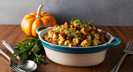 Fototapeta premium Homemade stuffing in a ceramic dish background savory stuffing prepared with fresh herbs and served in an elegant bowl