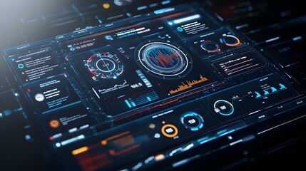 Obraz premium Futuristic 3D virtual business intelligence dashboard featuring an abstract technology interface with data visualizations