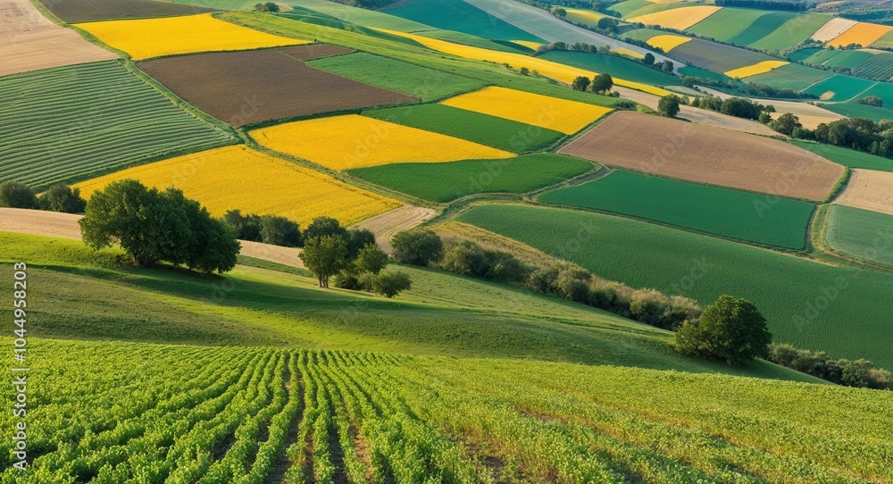 Aufkleber idyllic hillside with a patchwork of fields background charming terrain displaying a colorful quilt 