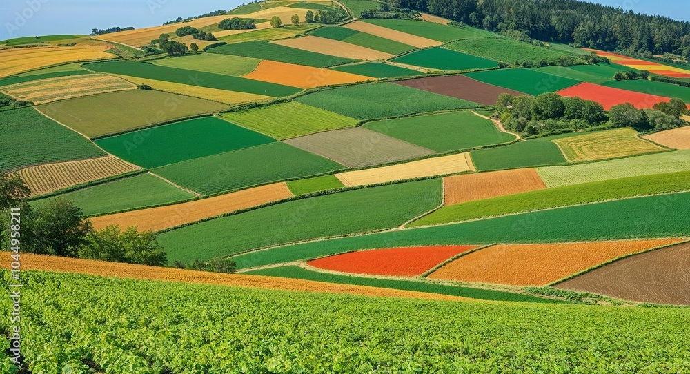 Poster idyllic hillside with a patchwork of fields background charming terrain displaying a colorful quilt 