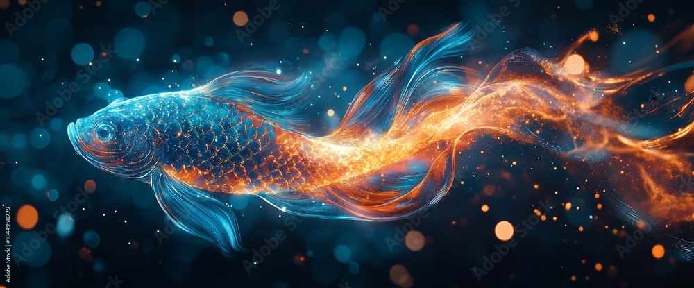 Poster abstract fiery blue and orange fish with swirling patterns and bokeh background.