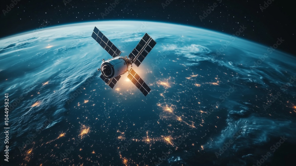Poster satellite orbiting earth representing global connectivity and data transmission networks