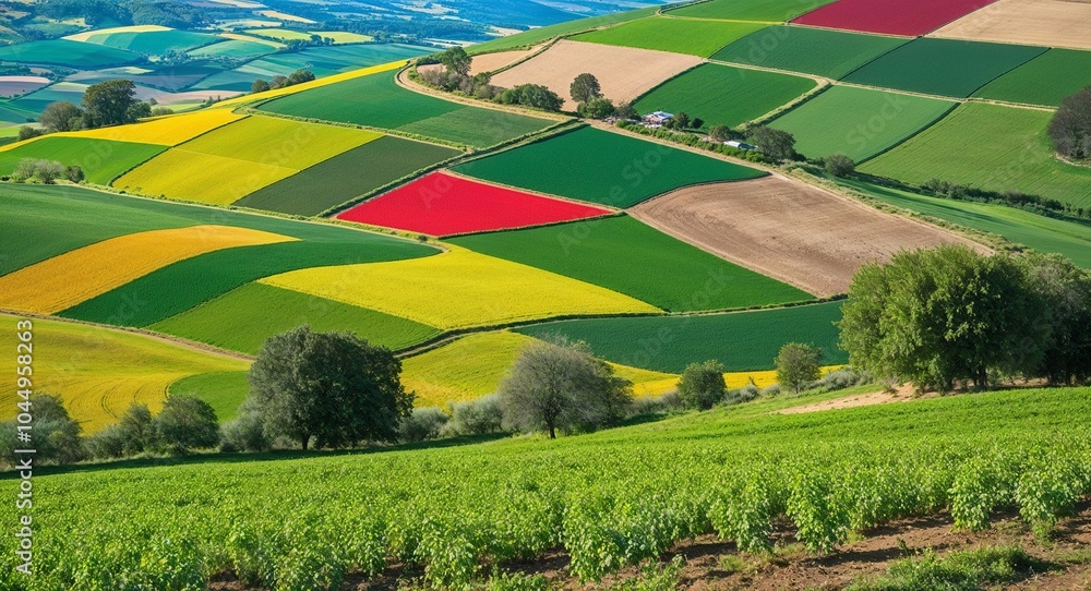 Poster idyllic hillside with a patchwork of fields background charming terrain displaying a colorful quilt 