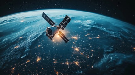 Naklejka premium Satellite orbiting earth representing global connectivity and data transmission networks