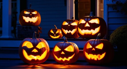 Obraz premium Jack o lanterns glowing on a porch background sinister pumpkins carved with frightening faces casting flickering shadows in the night