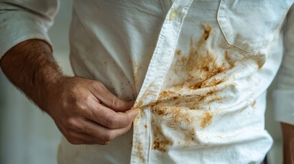 Man cleaning stained shirt with hand, showing frustration