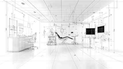Fototapeta premium Sleek and Sophisticated Dental Clinic with Abstract Technology Design of a Modern Medical Office with Minimalist Black and White Aesthetic Detailed Lines and Healthcare Equipment