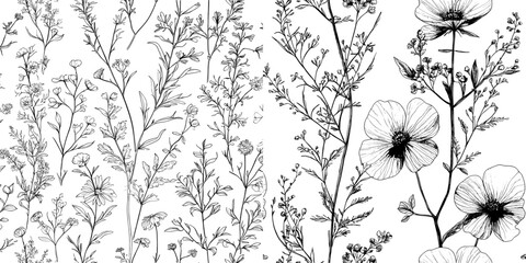 The natural seamless pattern consists of wild blooming flowers and flowering herbs drawn with contour lines on a white background. It is a realistic botanical modern illustration designed for