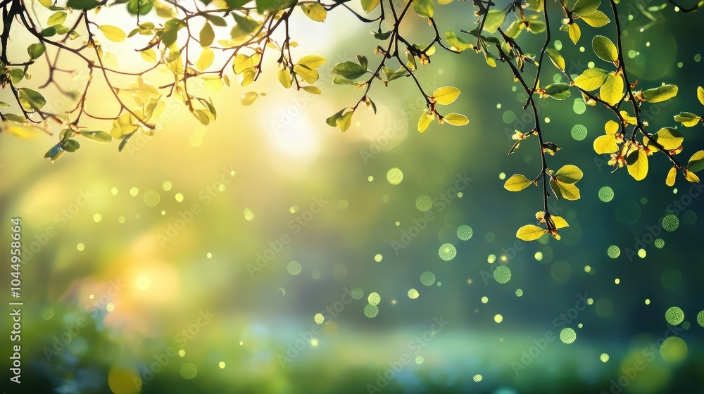 Poster spring background with green bokeh lights
