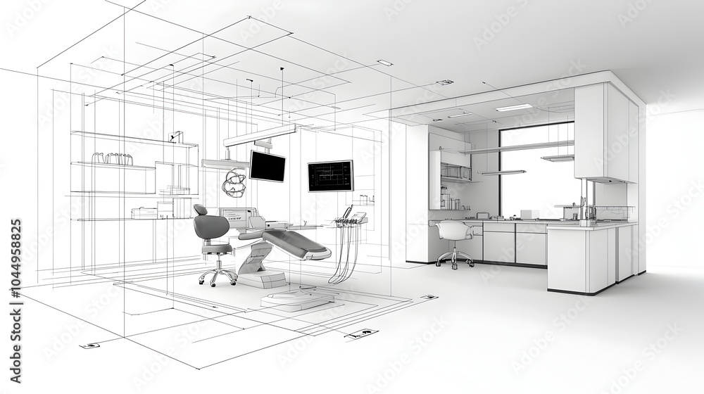 Poster depicting a sleek and contemporary dental clinic interior with abstract technological elements and a