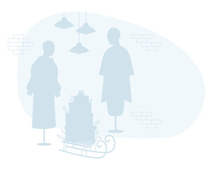 Interior Christmas store with brickwork, female mannequins in dress and sleigh with New Year gift boxes. Silhouette drawing with empty space for text. Vector illustration. Holiday purchase concept