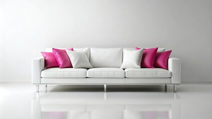 Sleek white couch with stylish pillow on pink background, reflected
