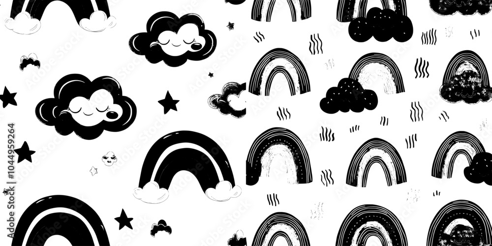 Poster incredibly cute pattern with bright rainbows and rain clouds on a white background. endless repeatab