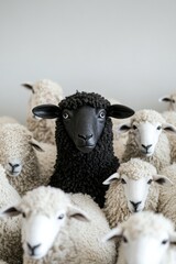 Single Black Sheep Standing Out in a Flock of White Sheep Against a White Background Generative AI