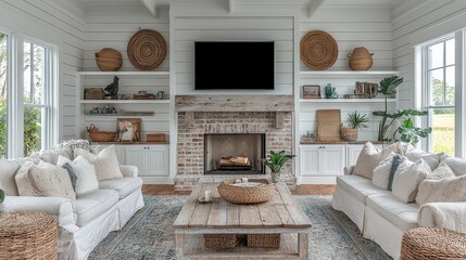 A rustic living room design with a mounted TV over a cozy brick fireplace, surrounded by natural wood furniture and soft textiles, creating a warm and modern vibe.