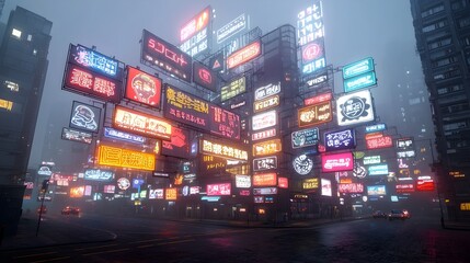 Fototapeta premium Glowing City Landscape in Futuristic Anime Metaverse Atmosphere Neon lit high rise buildings signboards and a night time cityscape in a surreal digitally rendered style