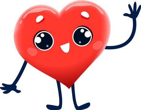 Cartoon cute red heart character greets and waves with hands, vector love emoji. Cheerful heart character with smiling face, waving Welcome, Hello Hi and Good bye for love or Valentine day emoticon