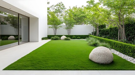 Serene urban garden oasis featuring lush grass large decorative rocks and neatly manicured green hedges framed by crisp white walls for a sleek modern aesthetic
