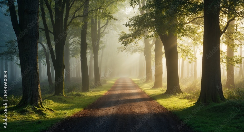 Poster misty forest path with sunlight filtering background enchanting forest path illuminated by sunlight 