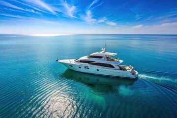 Obraz premium Sleek white yacht on calm teal sea with clear blue sky, elegant summer sailing scene