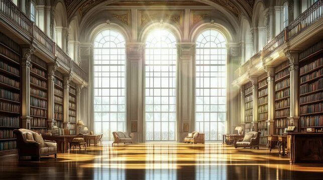 A grand library with tall arched windows, bookshelves, and comfortable reading areas. Sunlight streams in.