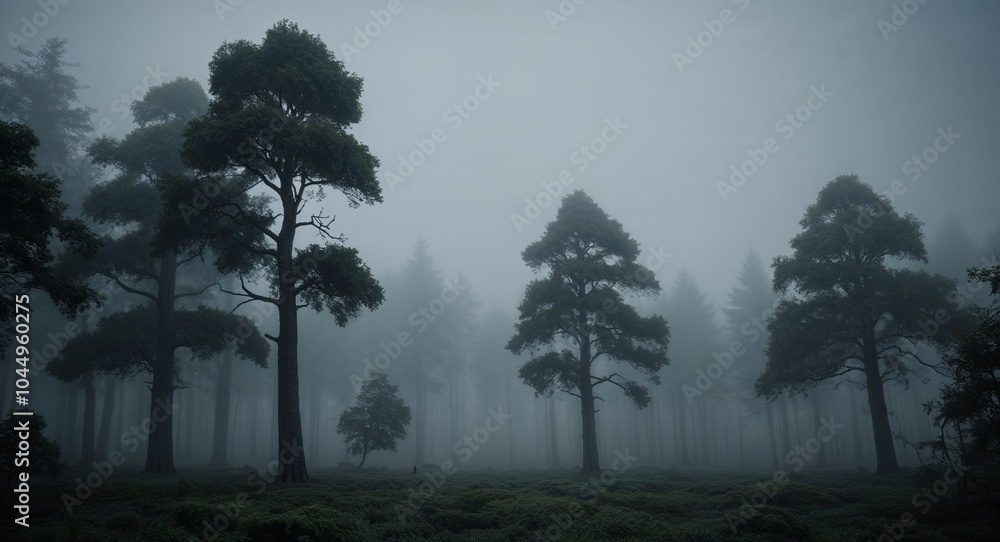 Poster mysterious foggy forest with towering trees background eerie fog enveloping a dense forest creating 