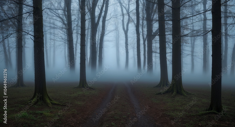 Poster mysterious fog rolling through an abandoned forest background thick fog creeping along the forest fl