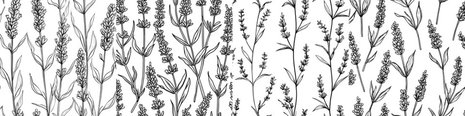 An engraved modern illustration of a lavender pattern on a seamless floral background. Flowers and branches are outlined in lavender. Repeating print on botanical texture. Hand-drawn engraved modern