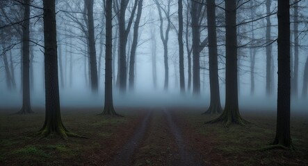 Obraz premium Mysterious fog rolling through an abandoned forest background thick fog creeping along the forest floor obscuring the path ahead