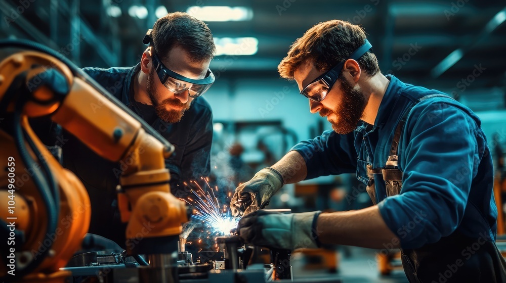 Poster welder working with a supervisor in a factory