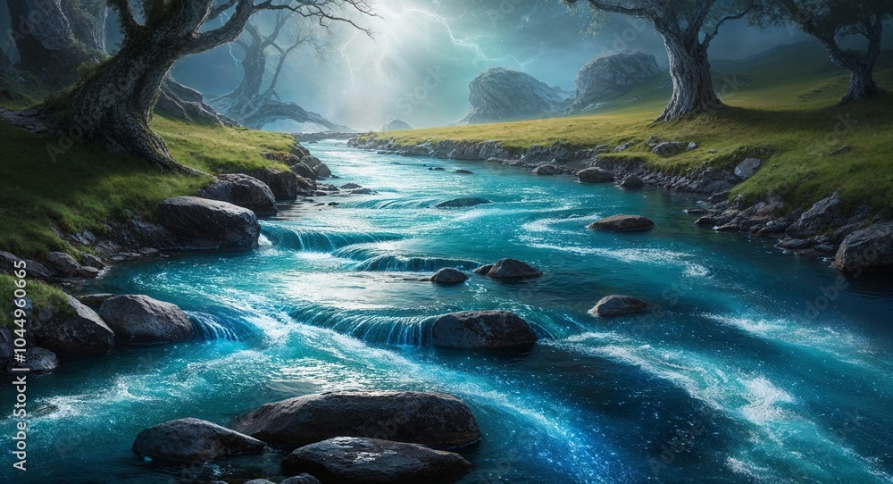Poster mystical river with shimmering waters background enchanting river with sparkling waters flowing thro