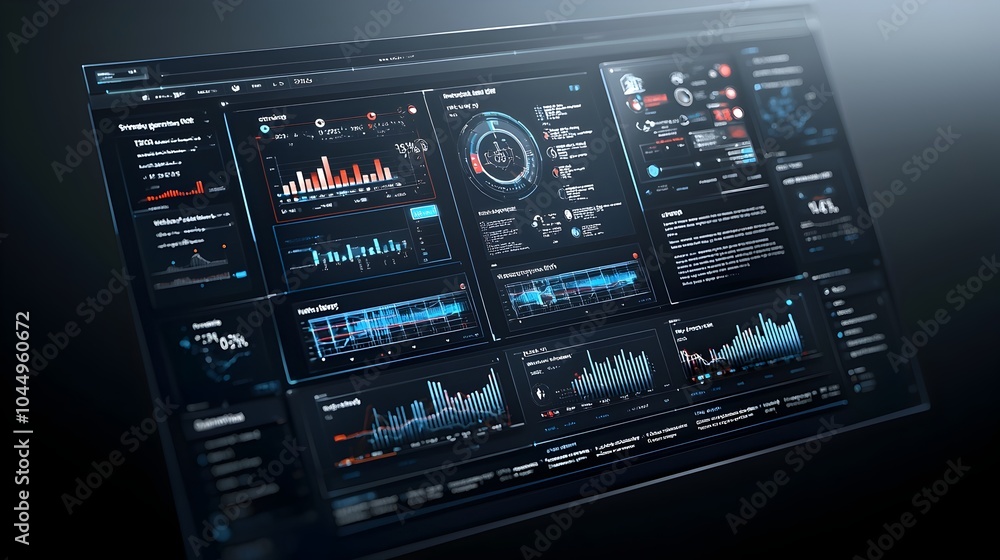 Poster Immersive Virtual 3D Dashboard Featuring Abstract Technology Graphics and Data Groups for Comprehensive Business Intelligence Analytics and Insights