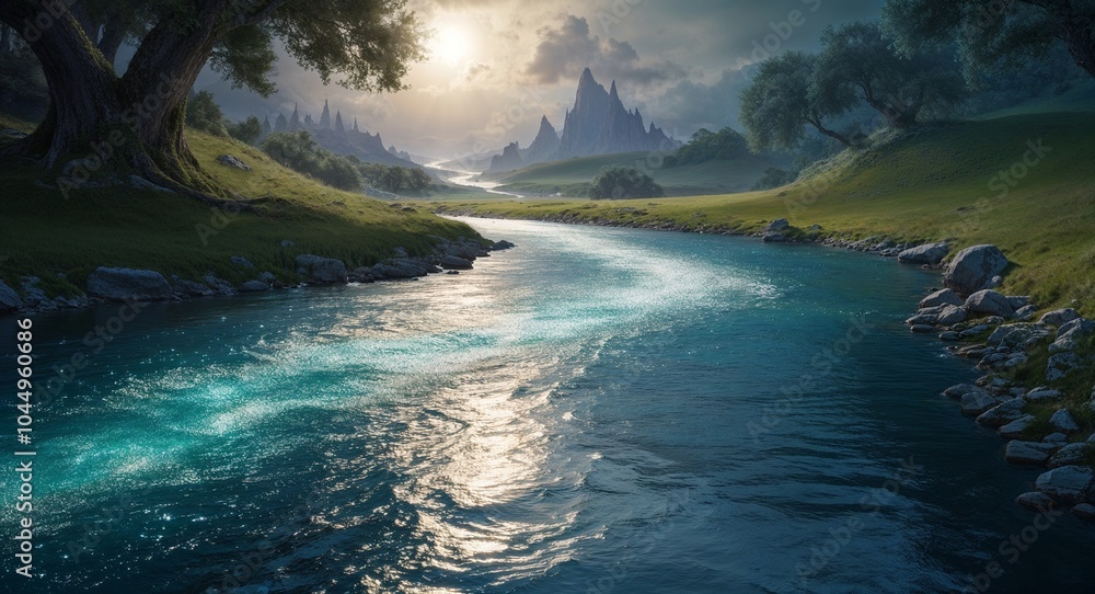 Poster mystical river with shimmering waters background enchanting river with sparkling waters flowing thro