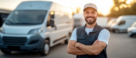 A man delivering something in front of his car. Smiling and snapping a picture in front of the delivery van is the delivery man.