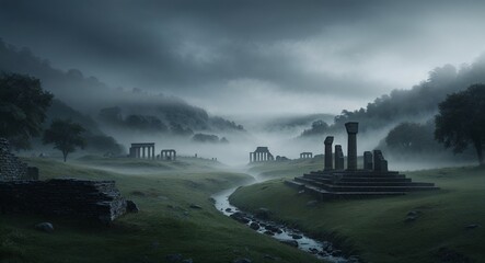 Fototapeta premium Mystical foggy valley with ancient ruins background eerie valley shrouded in fog showcasing ancient ruins peeking through the mist