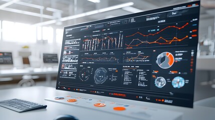 Innovative business intelligence dashboard featuring virtual 3D data visualization and abstract technology elements showcasing key insights metrics and analytics for informed decision making