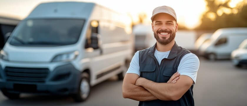 A man delivering something in front of his car. Smiling and snapping a picture in front of the delivery van is the delivery man.