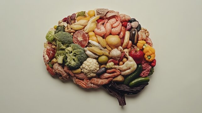 Creative Food Representation of the Human Brain on a Plain Background Generative AI