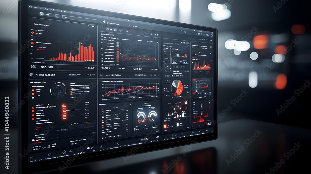 Poster Interactive Business Intelligence Dashboard with Abstract 3D Technology Visuals Showcasing Real Time Data Analysis and Insights on a Virtual Platform