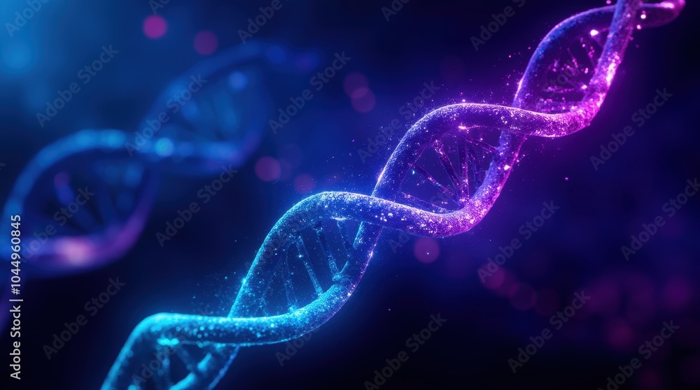 Poster a futuristic 3d representation of a glowing dna helix, with each strand composed of flowing binary c