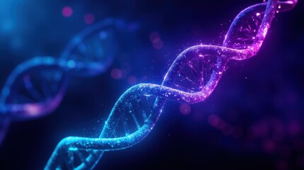 A futuristic 3D representation of a glowing DNA helix, with each strand composed of flowing binary code.