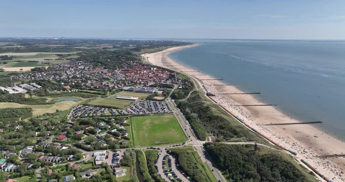 Aerial footage of the cityscape of Zoutelande on a clear sunny day in Veere, Zeeland, Netherlands