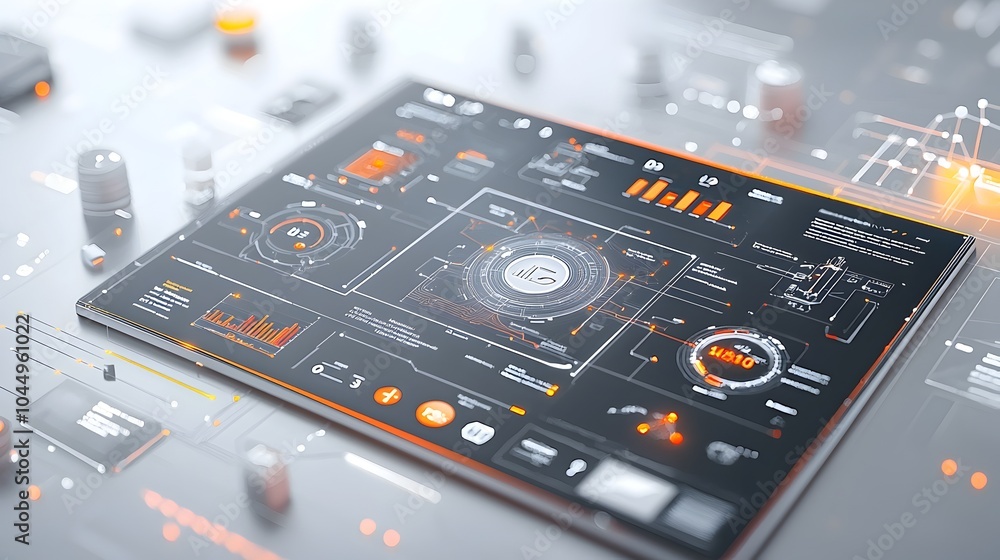 Aufkleber Futuristic 3D virtual business intelligence dashboard featuring an abstract technology interface that highlights data trends and performance metrics in a modern digital design