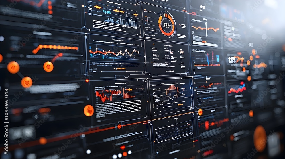 Aufkleber Futuristic 3D virtual dashboard showcasing advanced business intelligence and data analytics  Featuring an abstract technology interface with charts graphs