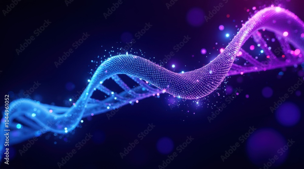 Poster a futuristic 3d representation of a glowing dna helix, with each strand composed of flowing binary c
