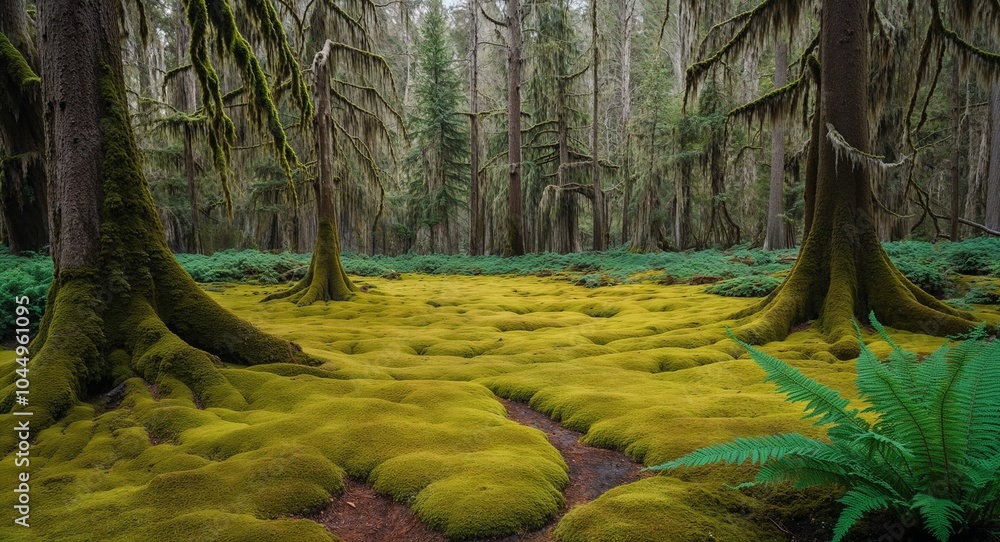 Poster peaceful glade with soft moss and ferns background serene forest glade blanketed in soft moss and ad