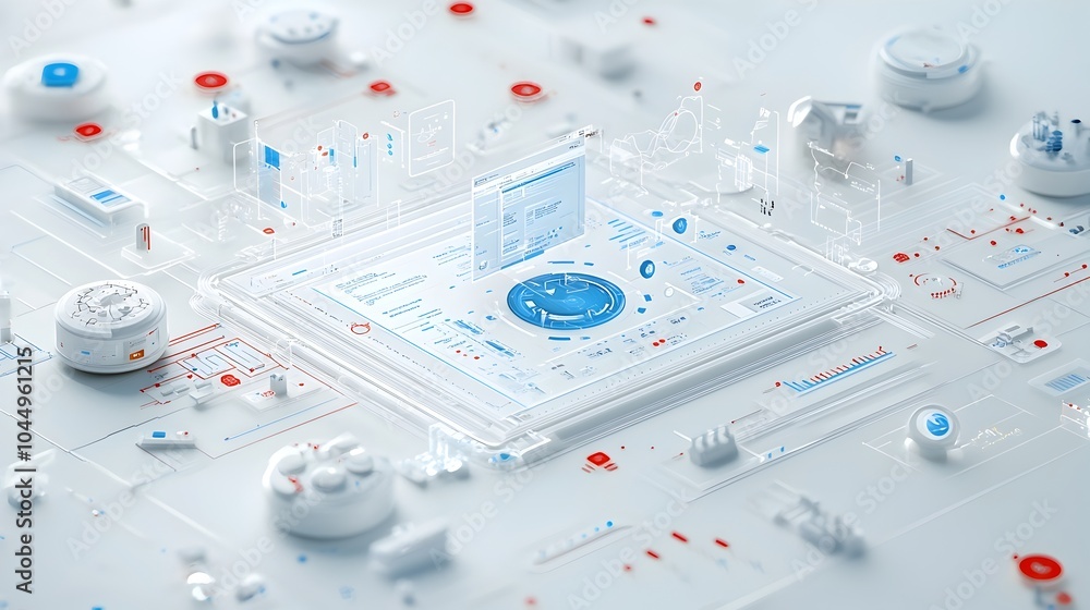 Poster Innovative 3D business intelligence platform featuring an abstract futuristic data visualization interface with detailed analytics charts and interactive group tools